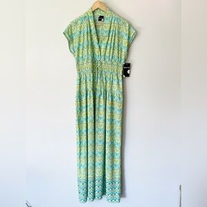 Maison Tara Dress Size 10 Printed Cap Sleeve Shirred Waist Crepe Maxi Green NWT